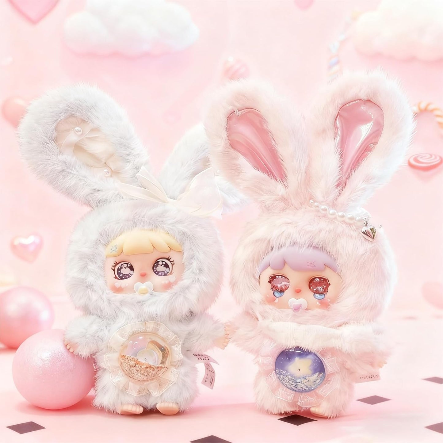 Meya & Mocici Sugar Heart Bunny Magic Secret World Series, 7 Types in Total + 2 Secret Types (Honey & Dori), 3 Types of Eye Parts, Quicksand Tummy, Luminous Gimmick, and Pacifier (1 Random Set) Plush